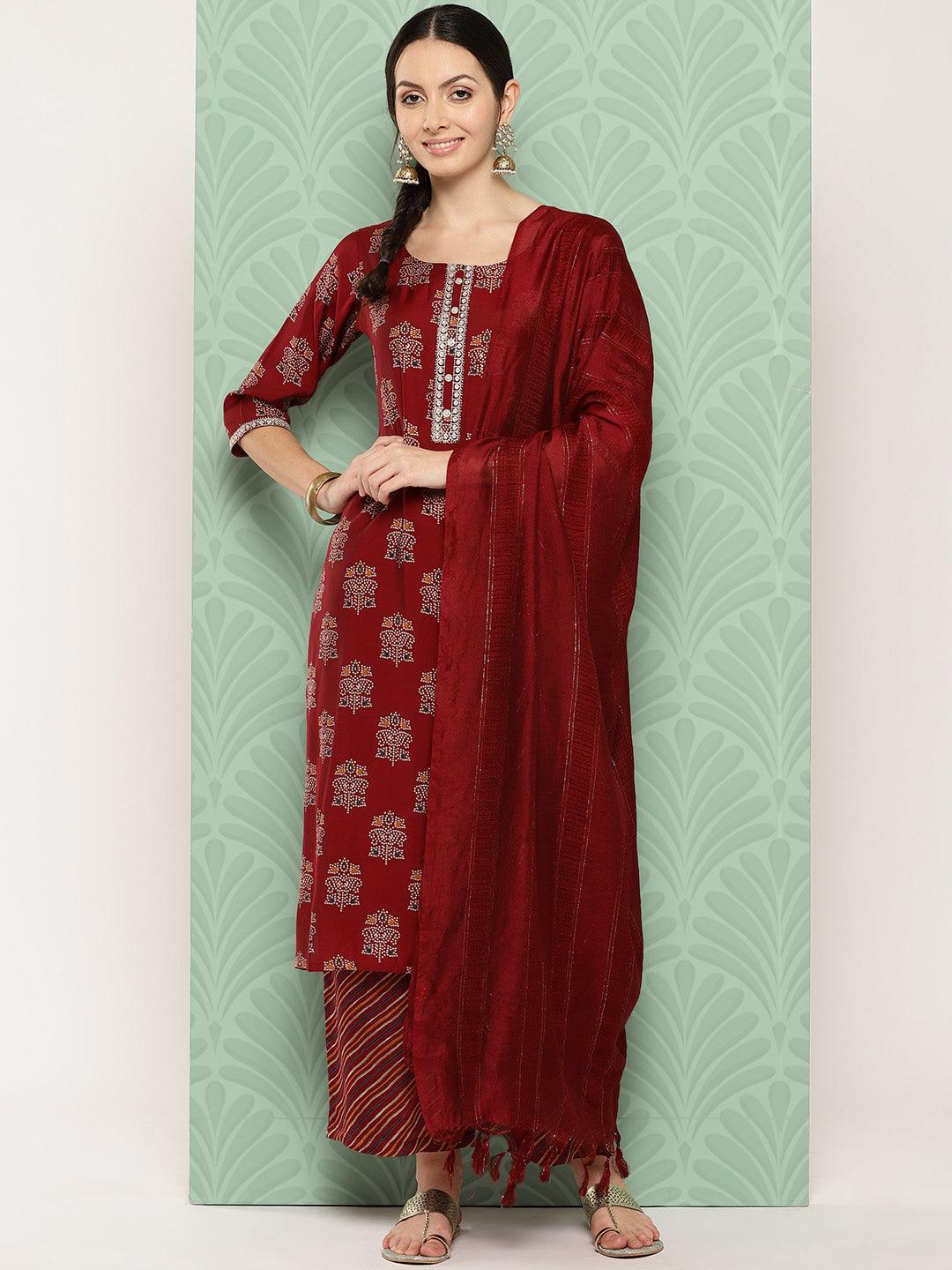 Red Printed Silk Blend Straight Suit With Dupatta