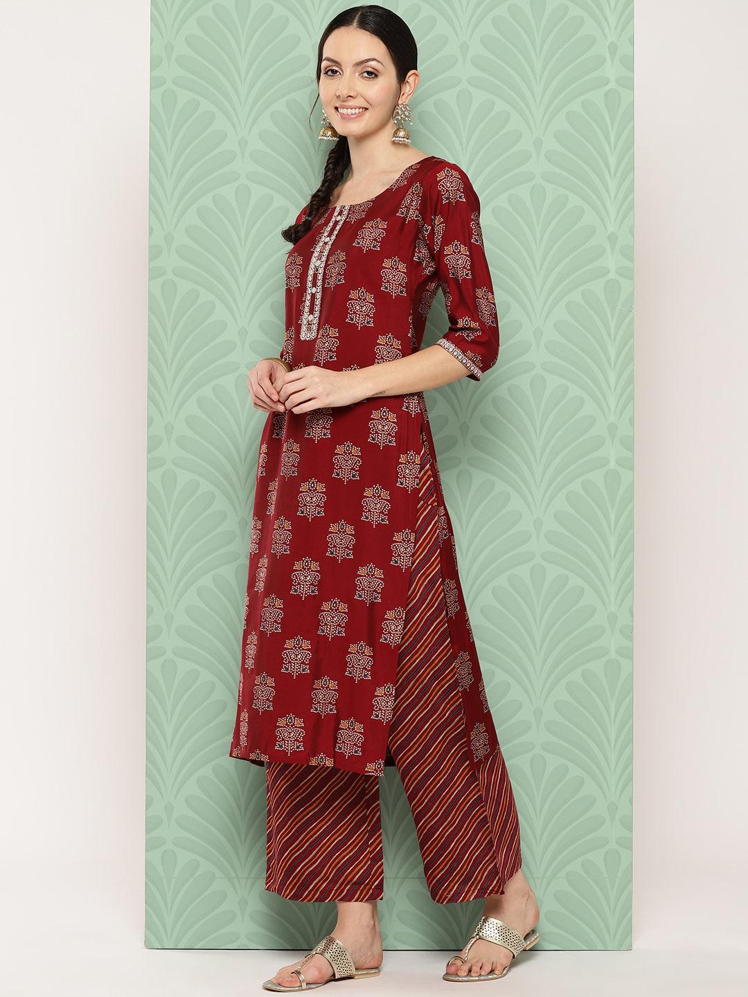 Red Printed Silk Blend Straight Suit With Dupatta