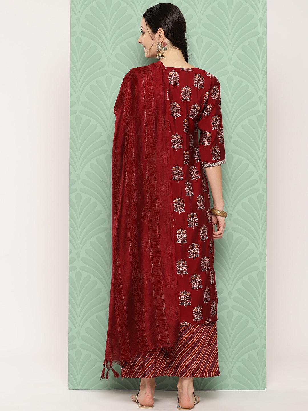 Red Printed Silk Blend Straight Suit With Dupatta