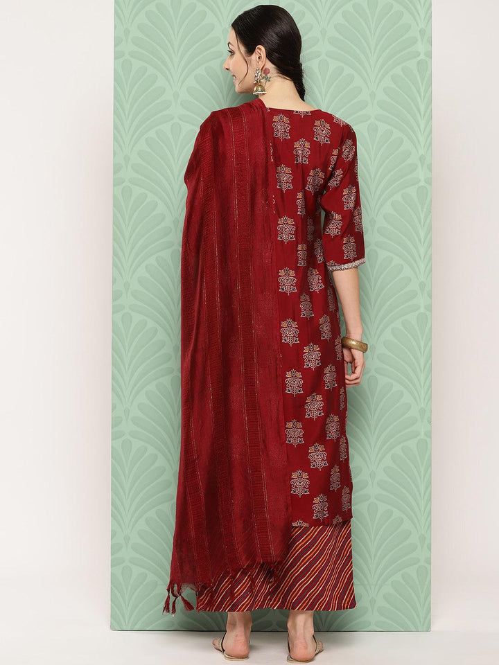 Red Printed Silk Blend Straight Kurta With Palazzos & Dupatta - ShopLibas