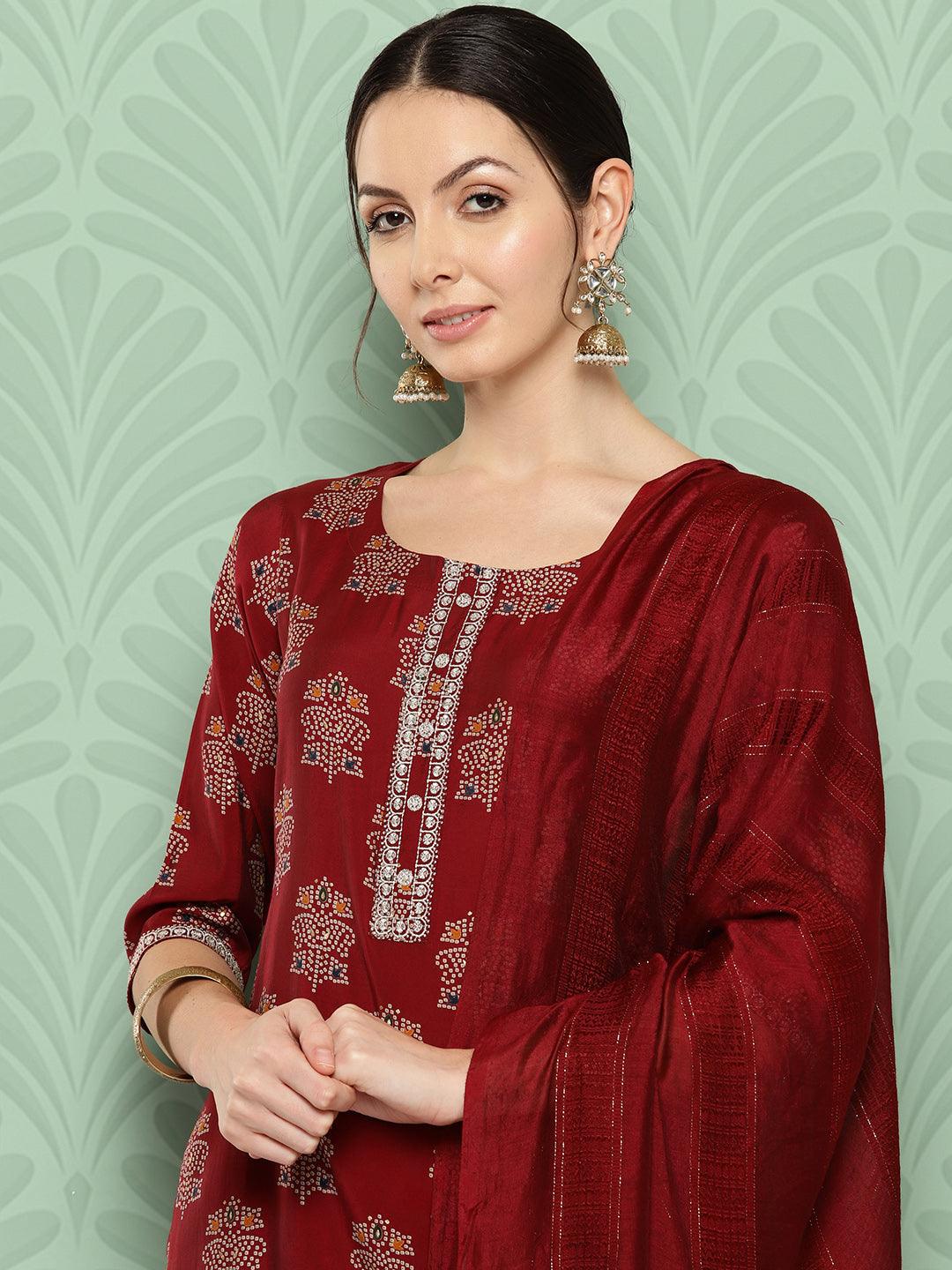 Red Printed Silk Blend Straight Suit With Dupatta