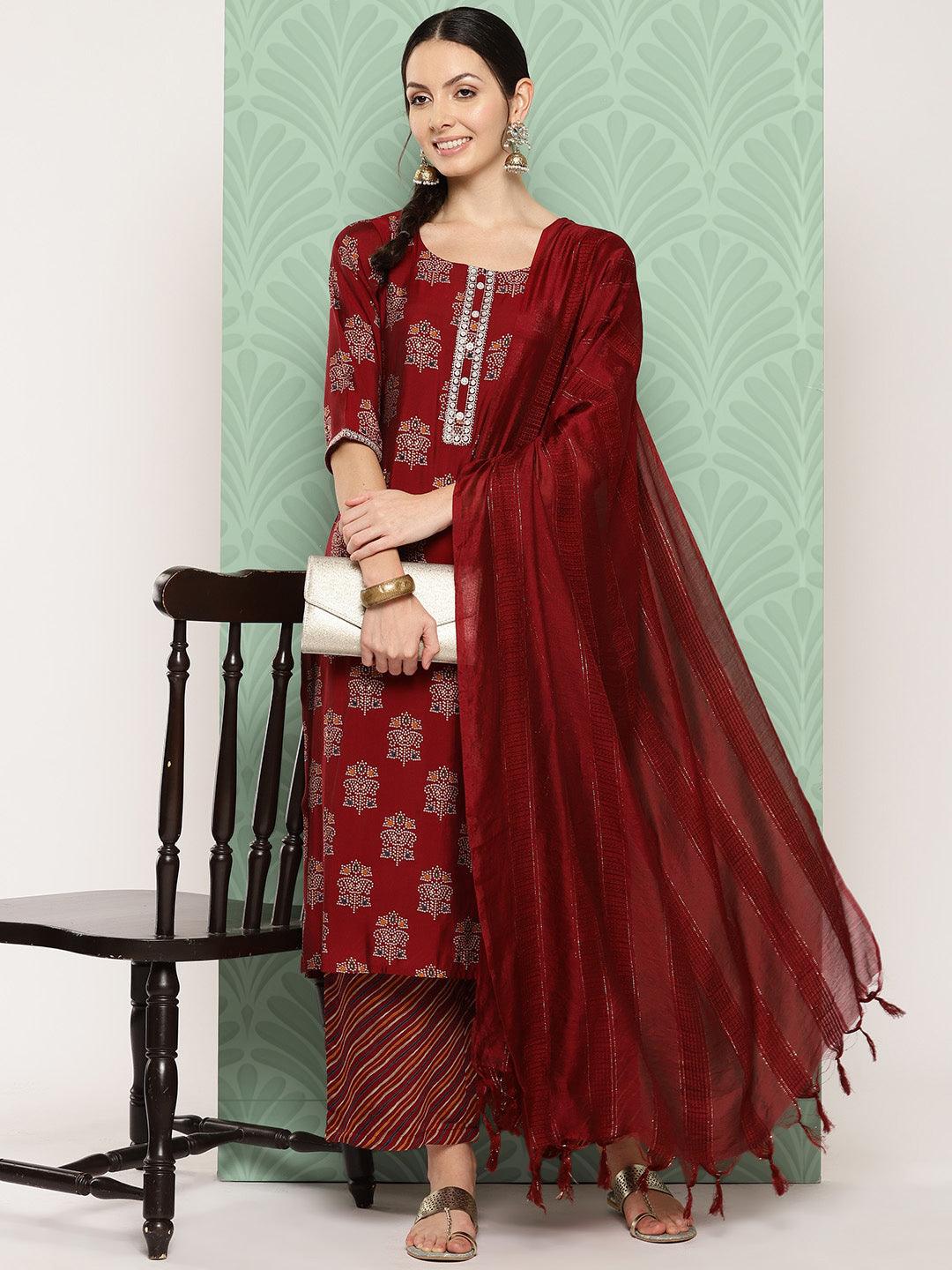 Red Printed Silk Blend Straight Suit With Dupatta