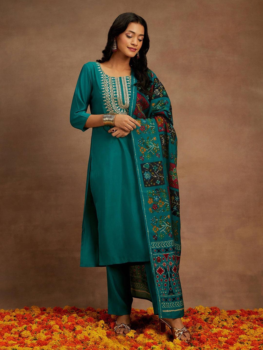 Green Yoke Design Silk Blend Straight Suit With Dupatta