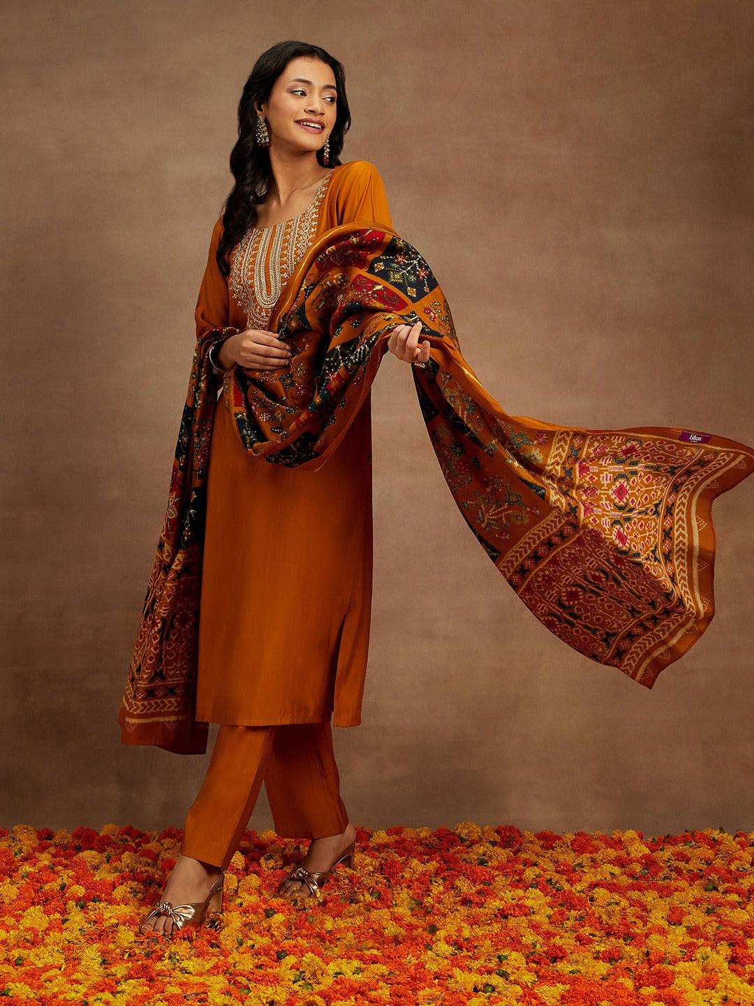 Mustard Yoke Design Silk Blend Straight Suit With Dupatta