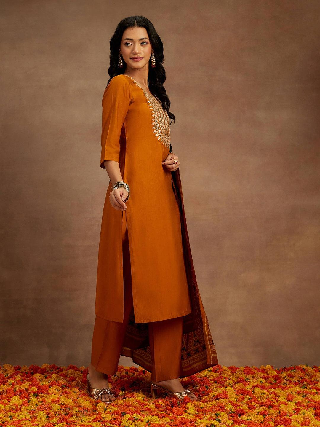 Mustard Yoke Design Silk Blend Straight Suit With Dupatta