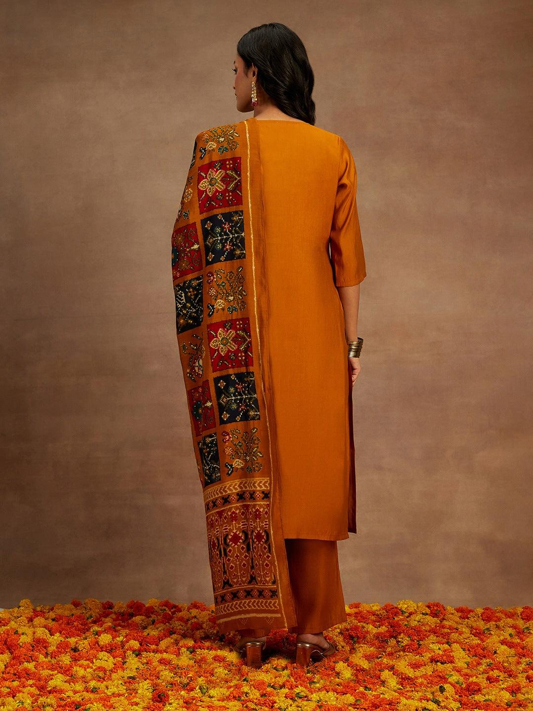 Mustard Yoke Design Silk Blend Straight Suit With Dupatta