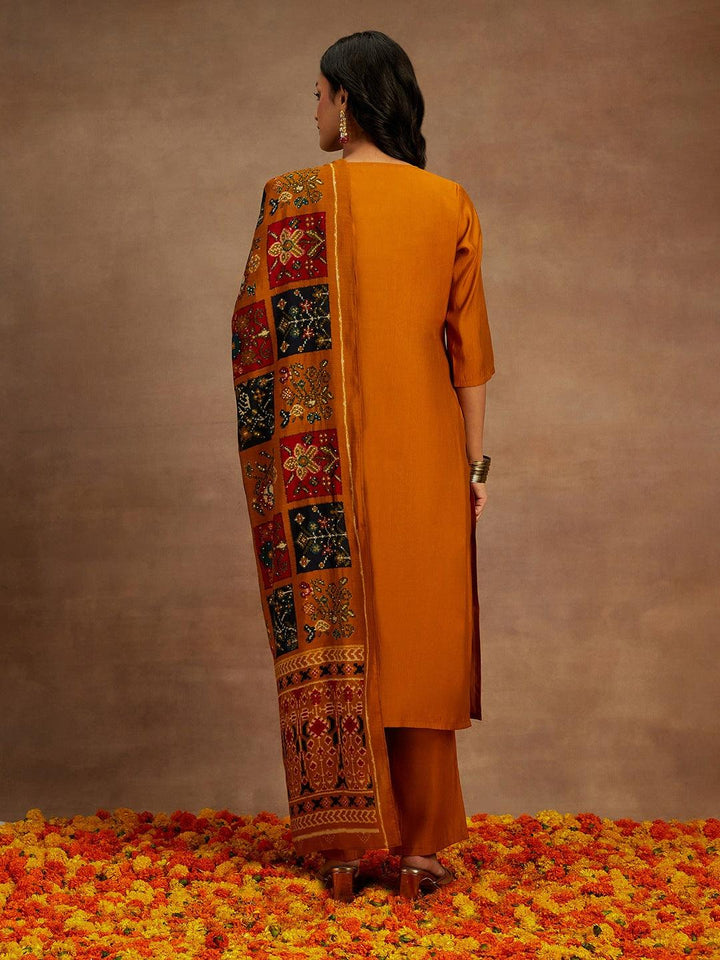 Mustard Yoke Design Silk Blend Straight Kurta With Trousers & Dupatta - ShopLibas