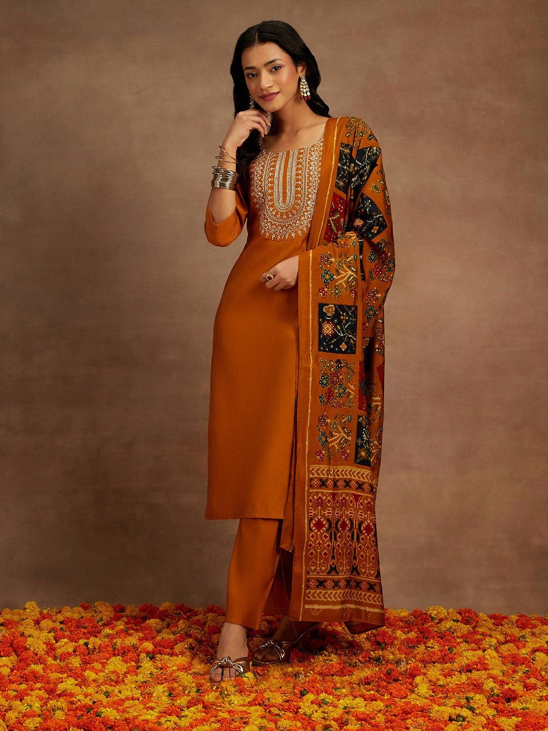 Mustard Yoke Design Silk Blend Straight Suit With Dupatta