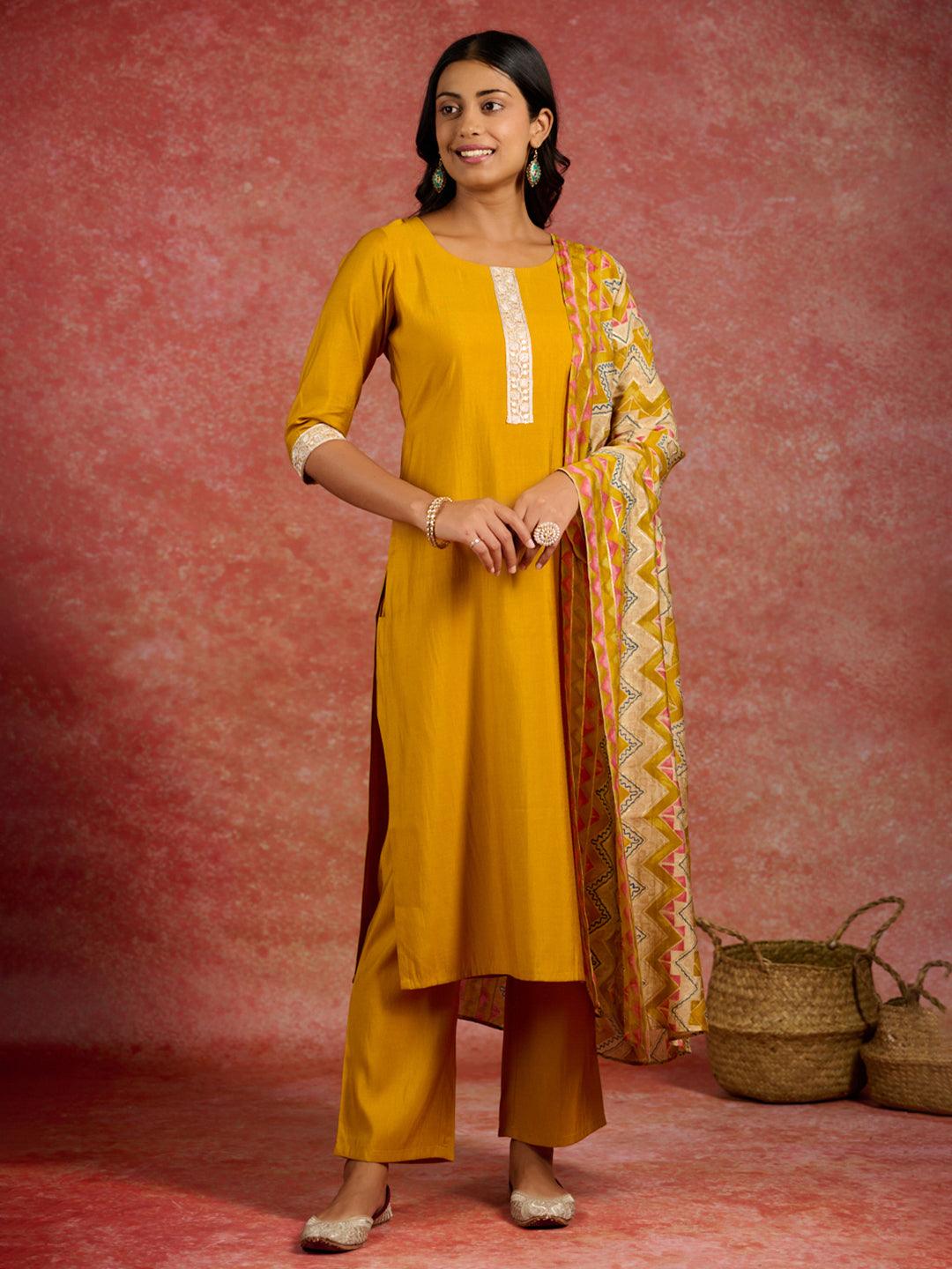 Mustard Yoke Design Silk Blend Straight Suit With Dupatta