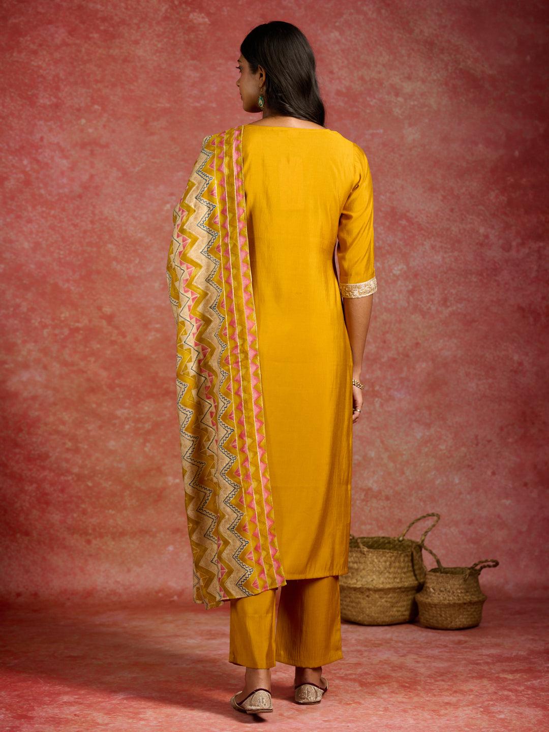 Mustard Yoke Design Silk Blend Straight Suit With Dupatta