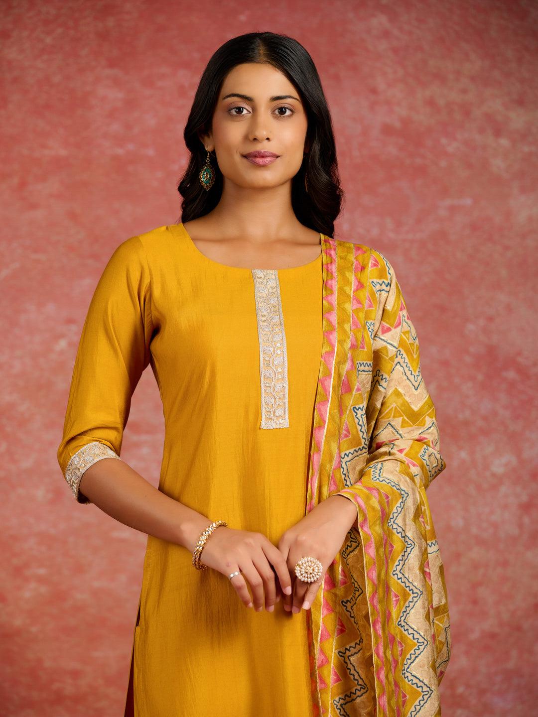 Mustard Yoke Design Silk Blend Straight Suit With Dupatta