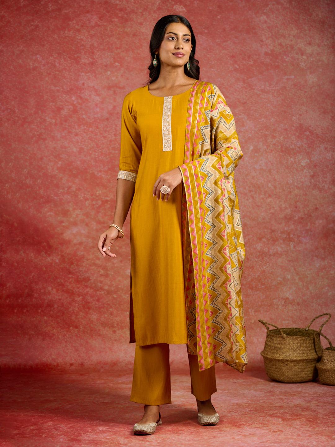 Mustard Yoke Design Silk Blend Straight Suit With Dupatta