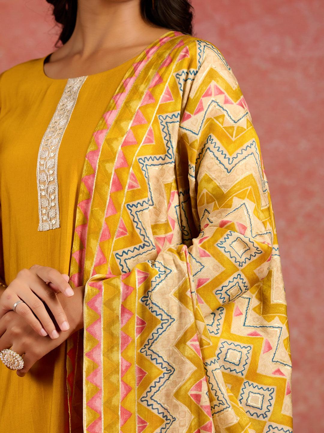 Mustard Yoke Design Silk Blend Straight Suit With Dupatta