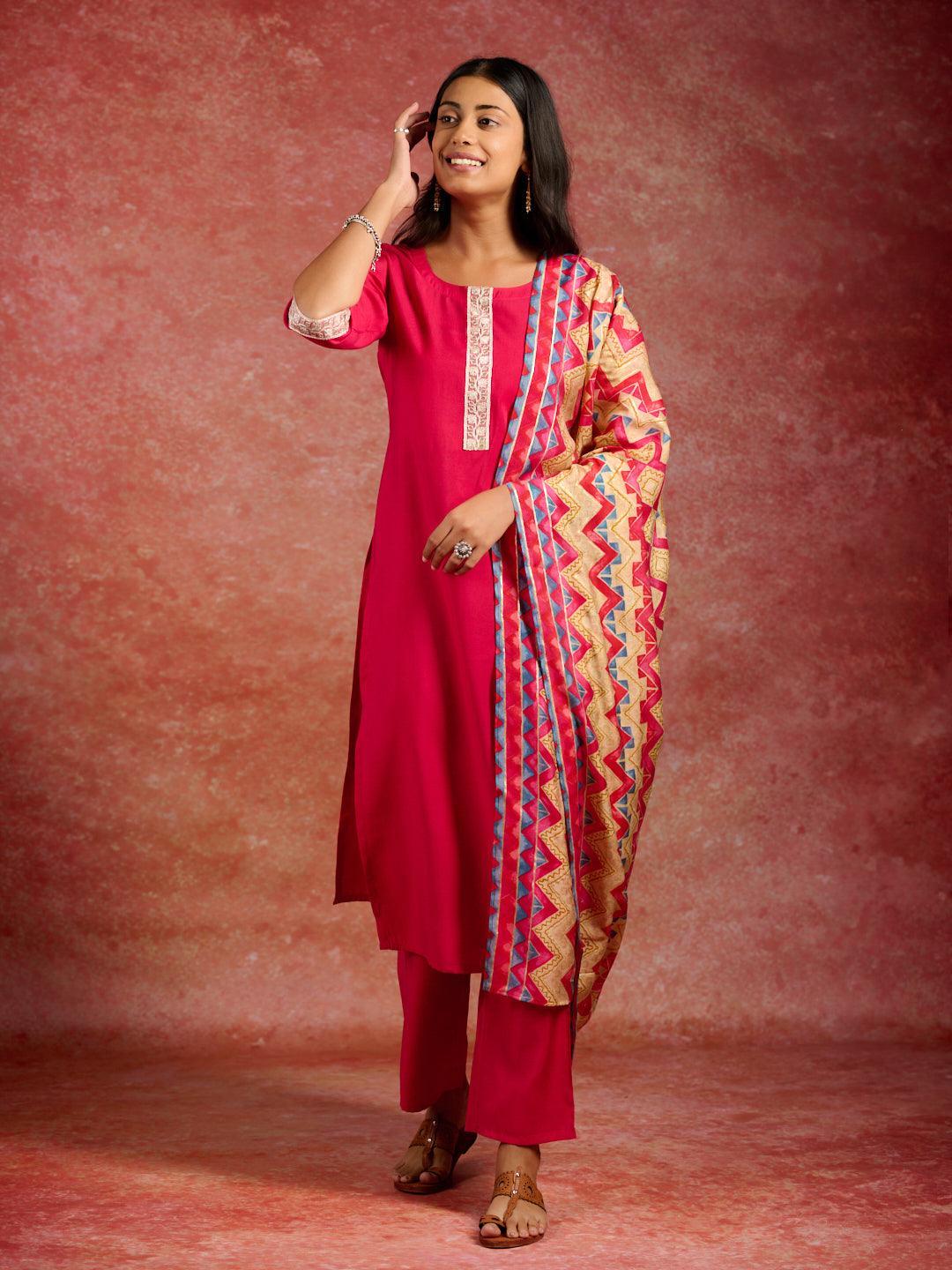 Pink Yoke Design Silk Blend Straight Kurta With Trousers & Dupatta - ShopLibas