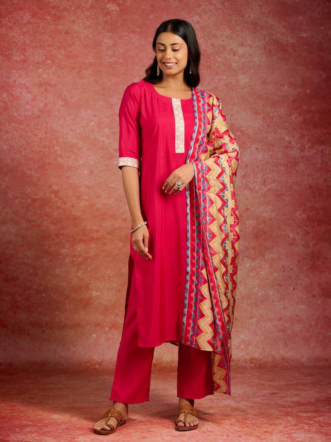 Pink Yoke Design Silk Blend Straight Suit With Dupatta