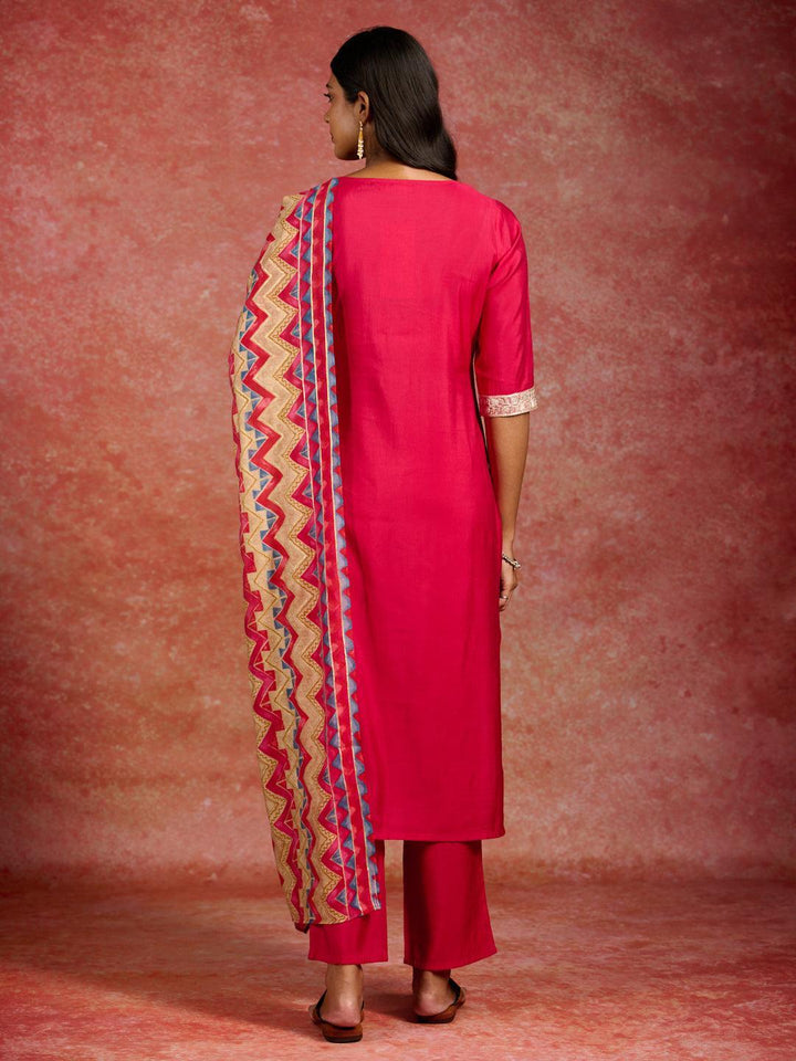 Pink Yoke Design Silk Blend Straight Kurta With Trousers & Dupatta - ShopLibas