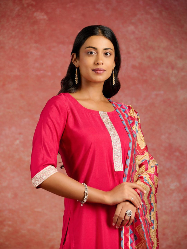 Pink Yoke Design Silk Blend Straight Kurta With Trousers & Dupatta - ShopLibas