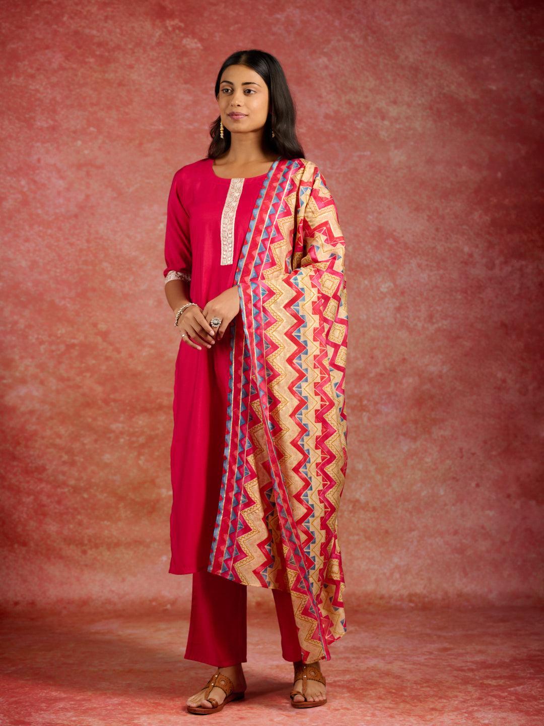 Pink Yoke Design Silk Blend Straight Kurta With Trousers & Dupatta - ShopLibas