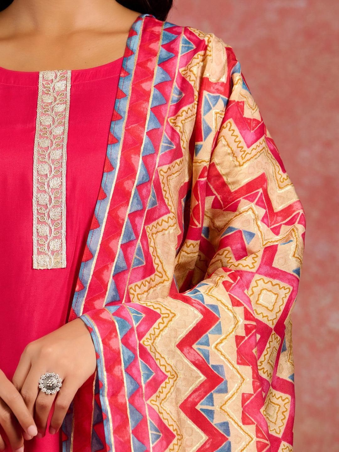 Pink Yoke Design Silk Blend Straight Suit With Dupatta