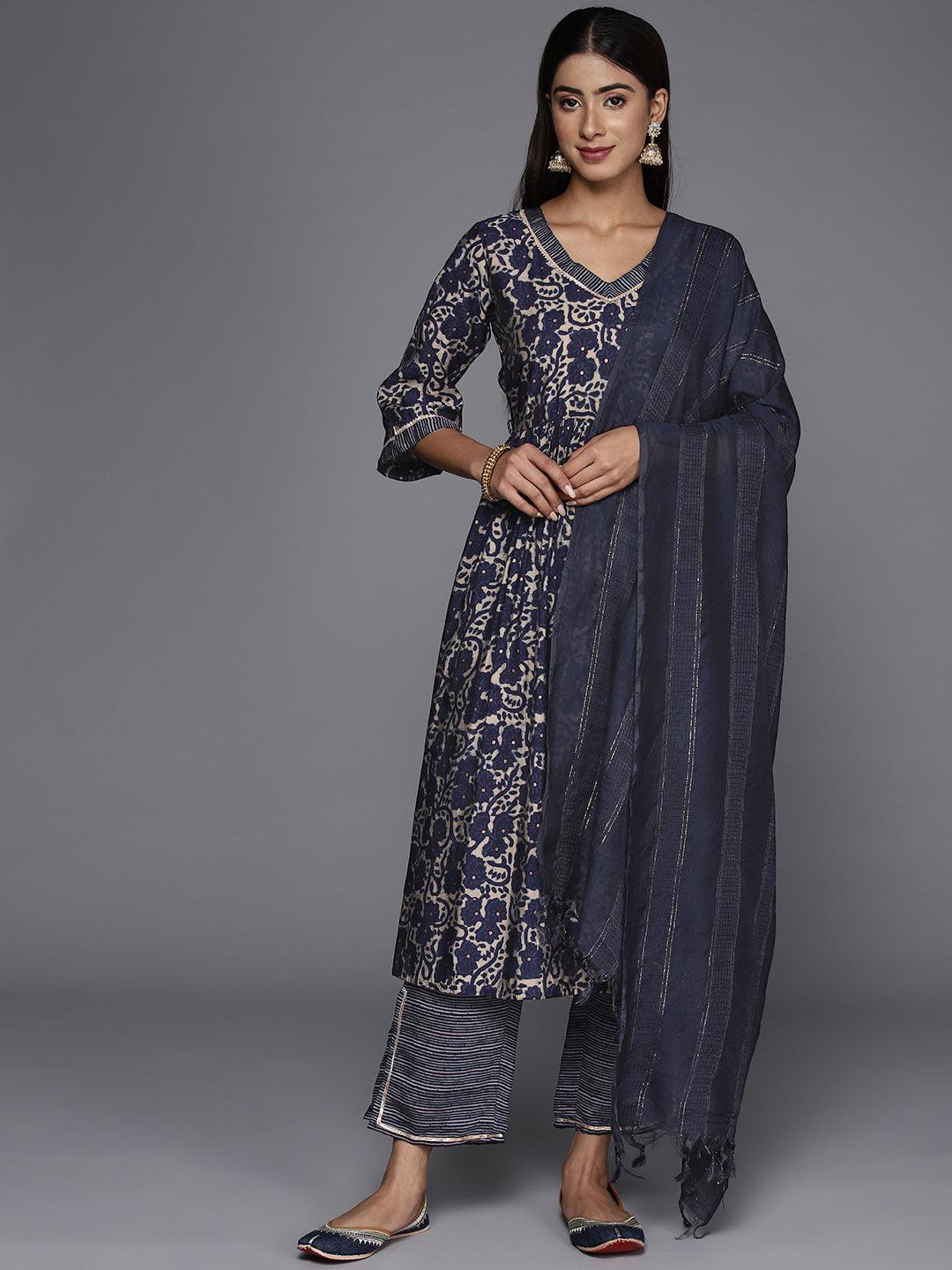 Blue Printed Silk Blend A-Line Kurta