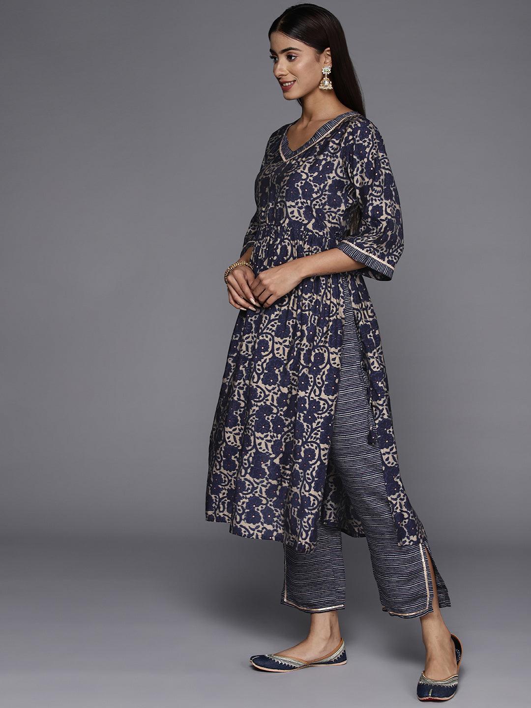 Blue Printed Silk Blend A-Line Kurta