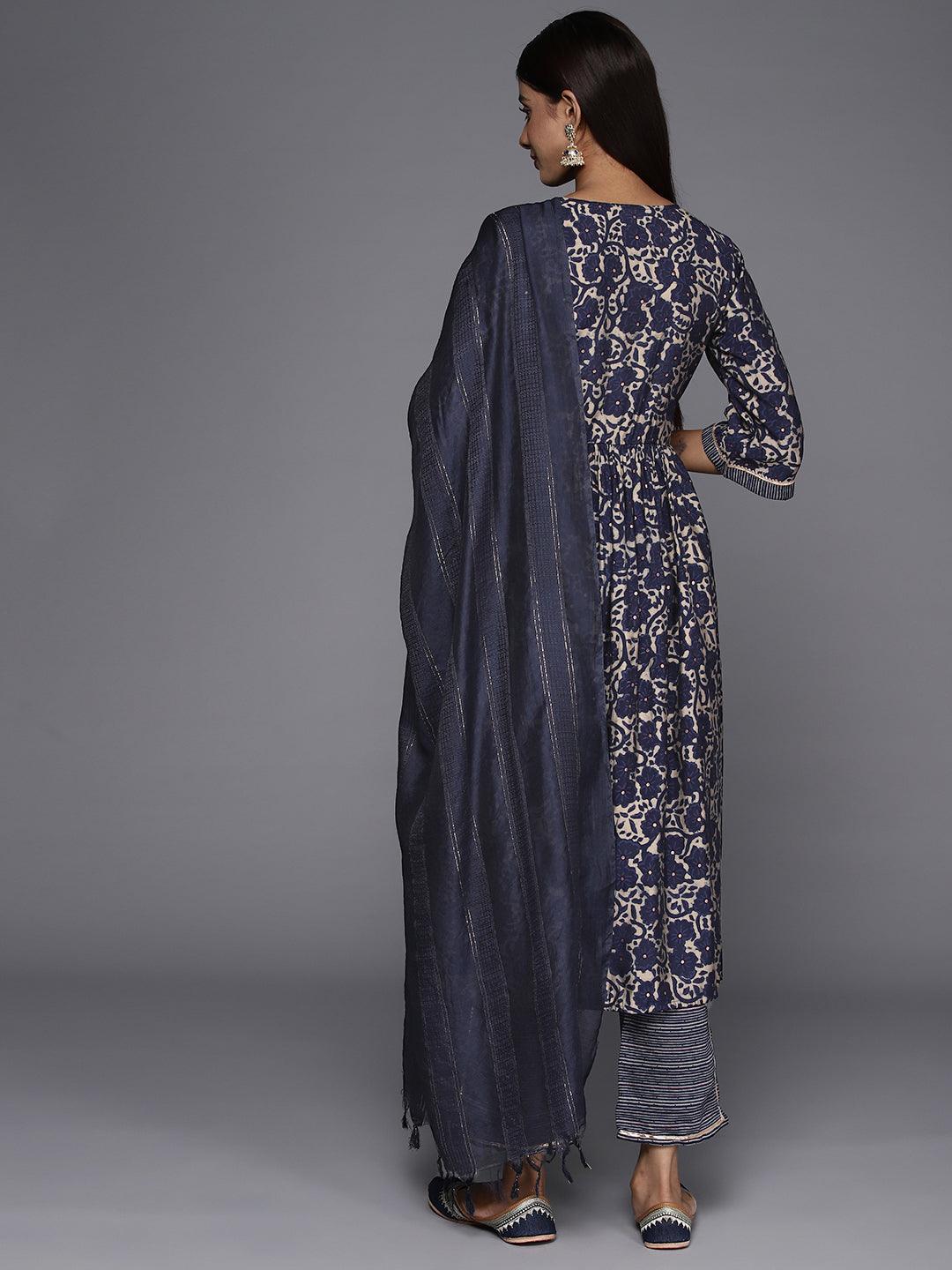 Blue Printed Silk Blend A-Line Kurta