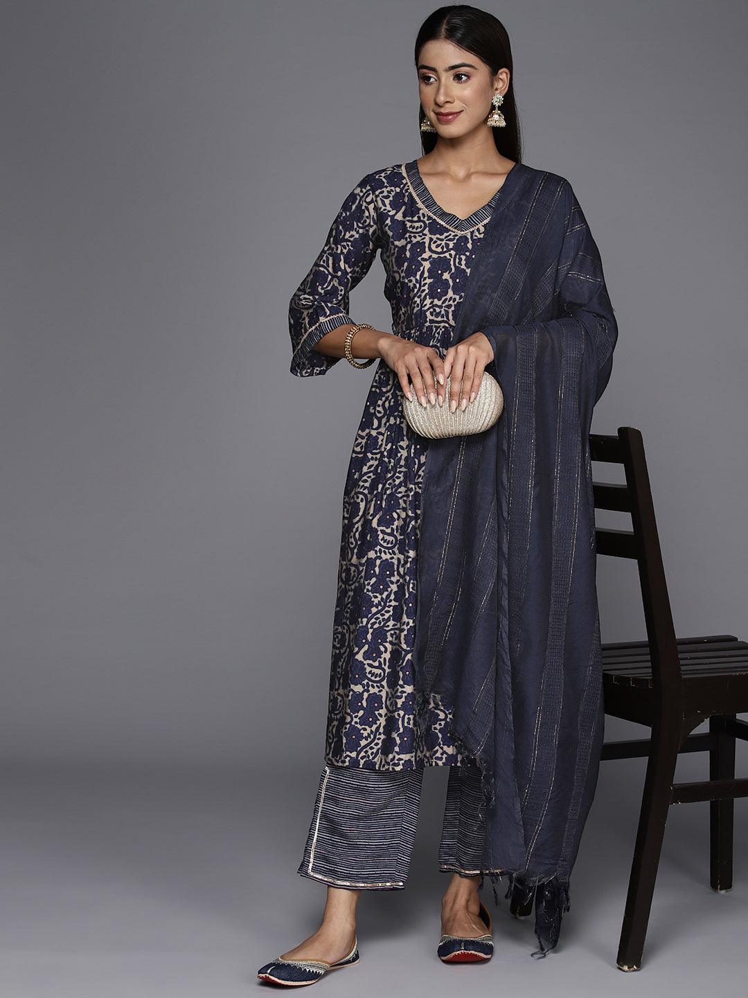 Blue Printed Silk Blend A-Line Kurta