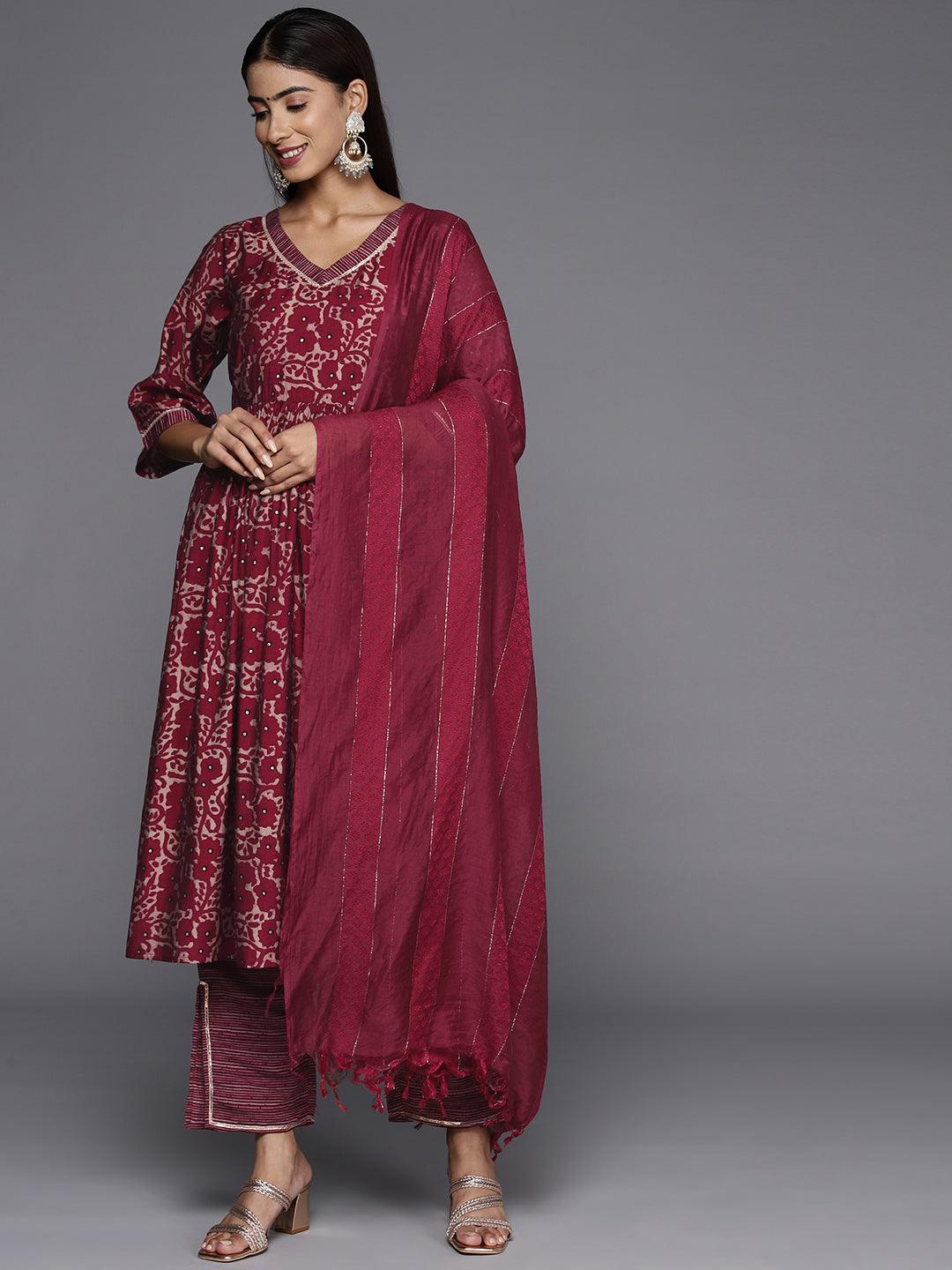 Maroon Printed Silk Blend A-Line Kurta