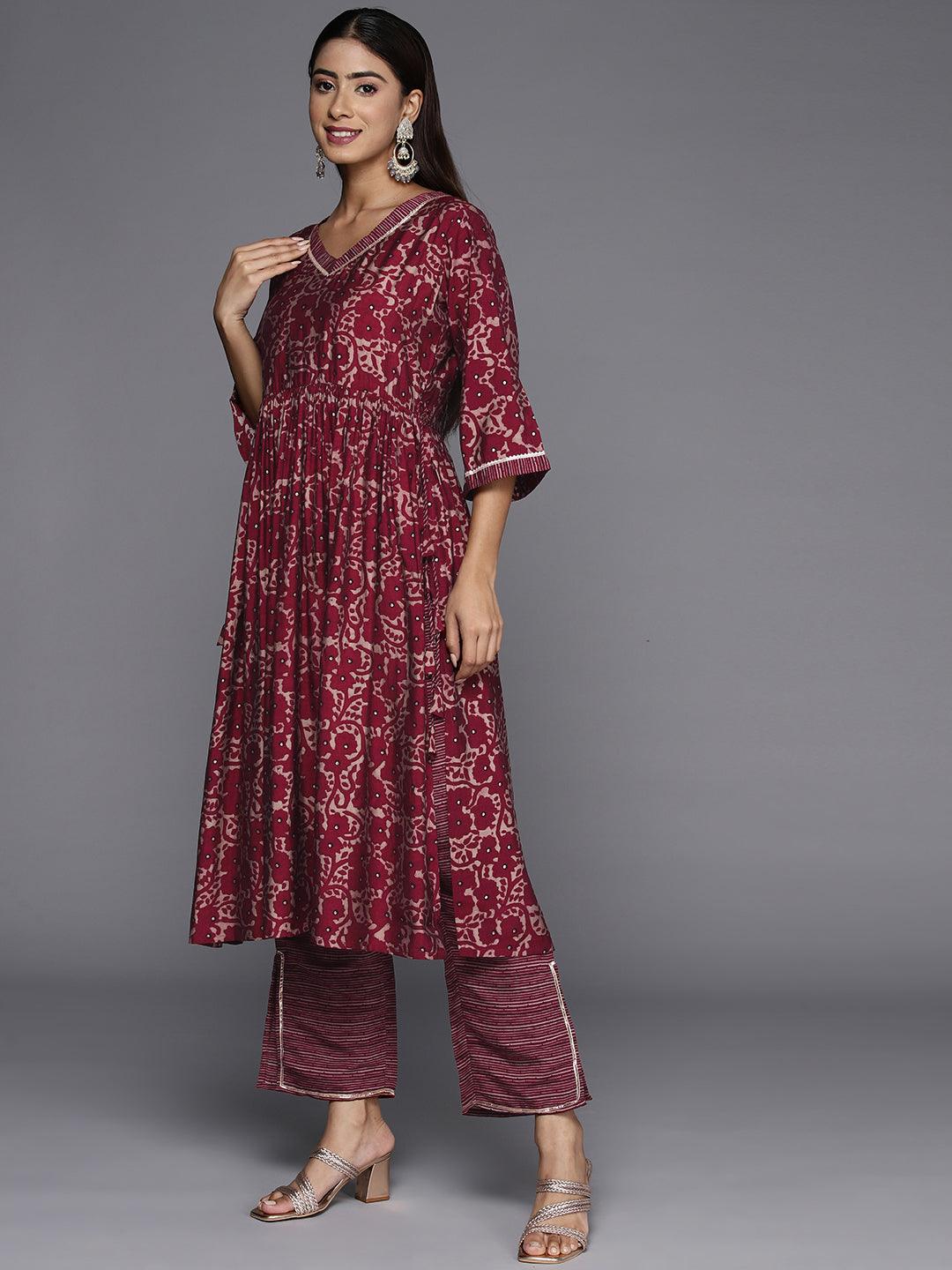 Maroon Printed Silk Blend A-Line Kurta