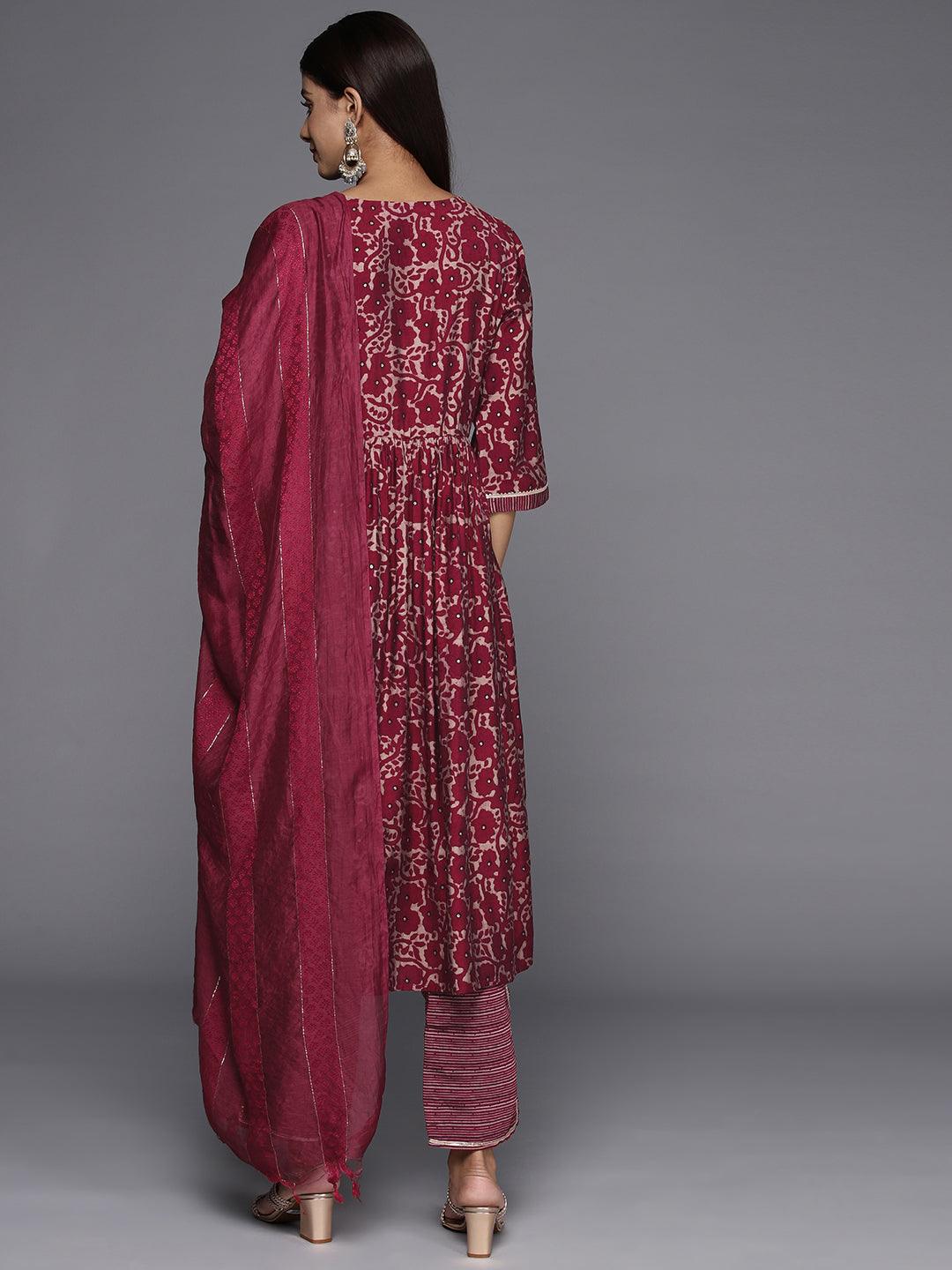 Maroon Printed Silk Blend A-Line Kurta