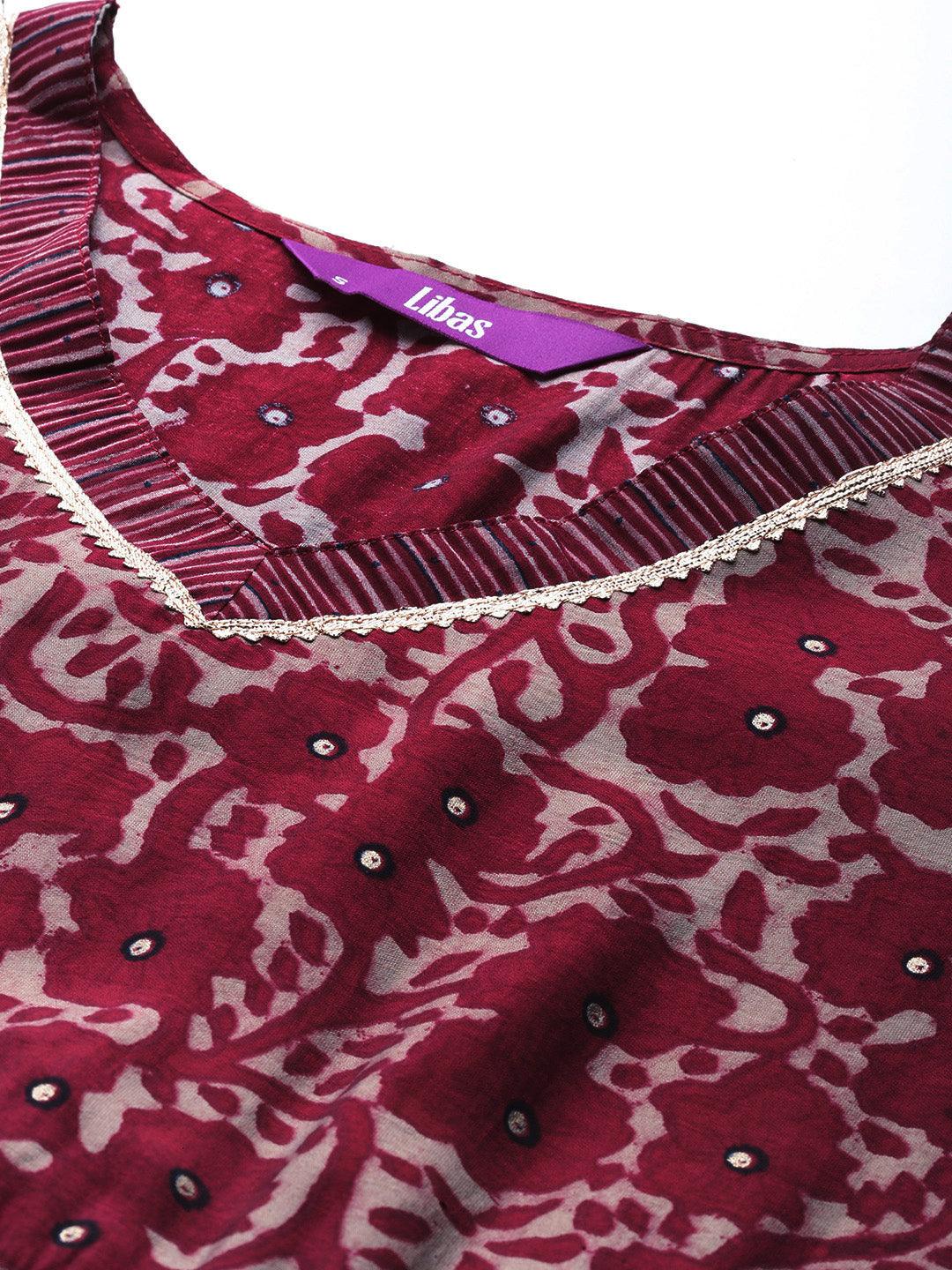 Maroon Printed Silk Blend A-Line Kurta