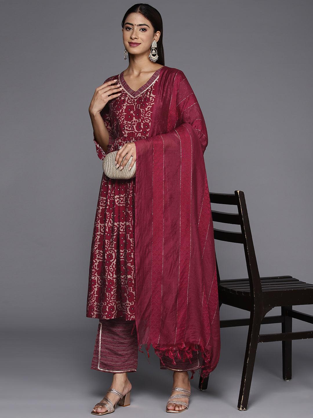 Maroon Printed Silk Blend A-Line Kurta