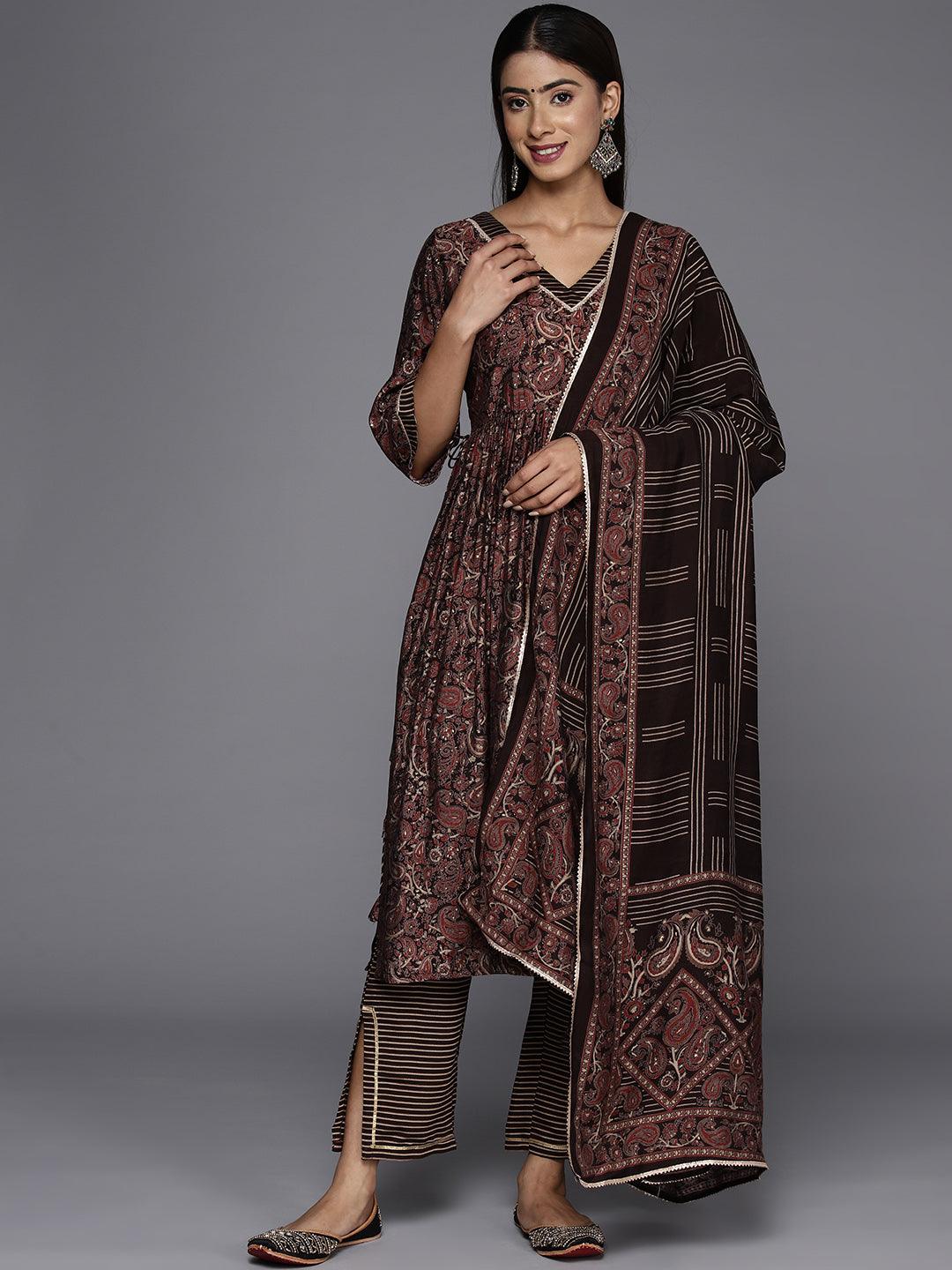 Brown Printed Silk Blend A-Line Kurta With Trousers & Dupatta