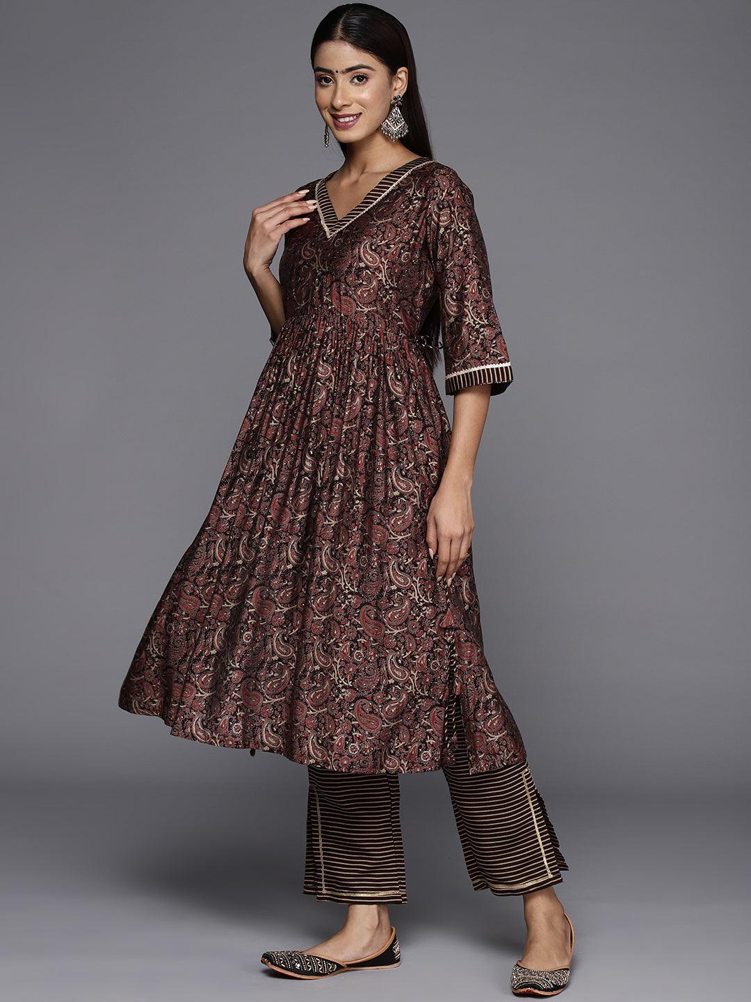 Brown Printed Silk Blend A-Line Kurta With Trousers & Dupatta - ShopLibas