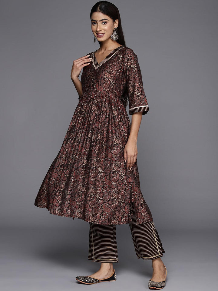 Brown Printed Silk Blend A-Line Kurta With Trousers & Dupatta - ShopLibas