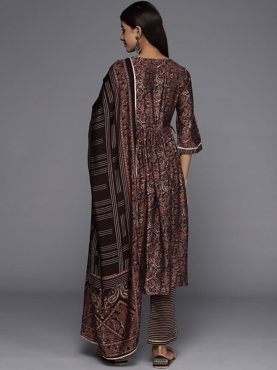 Brown Printed Silk Blend A-Line Kurta With Trousers & Dupatta - ShopLibas