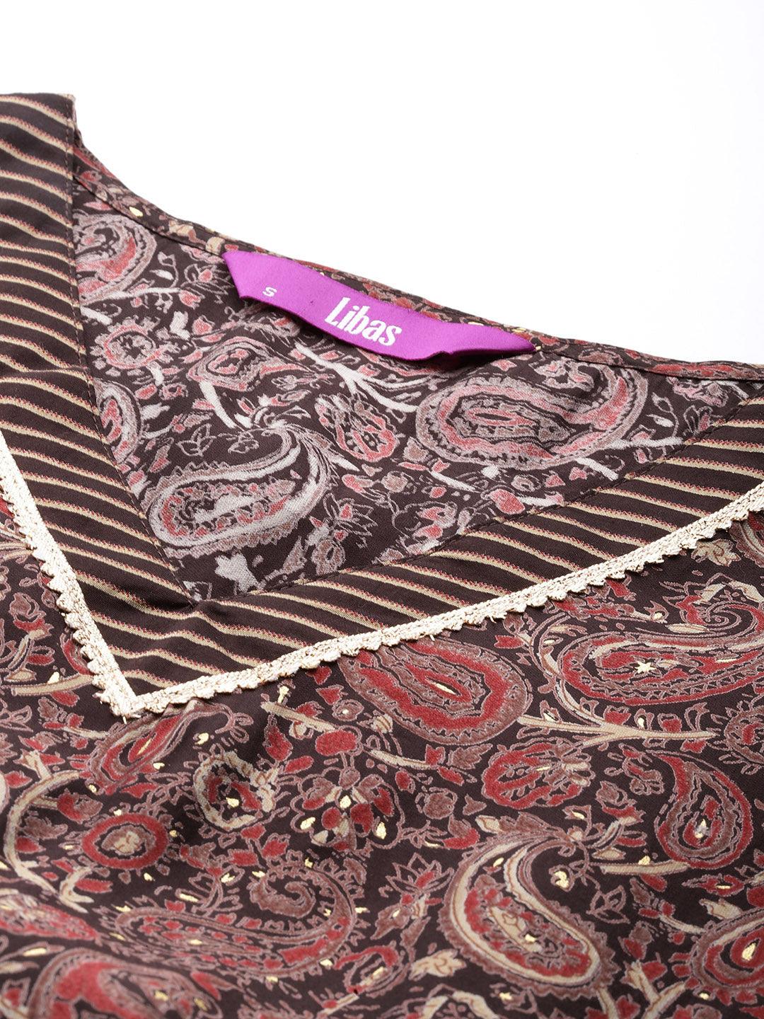 Brown Printed Silk Blend A-Line Kurta With Trousers & Dupatta