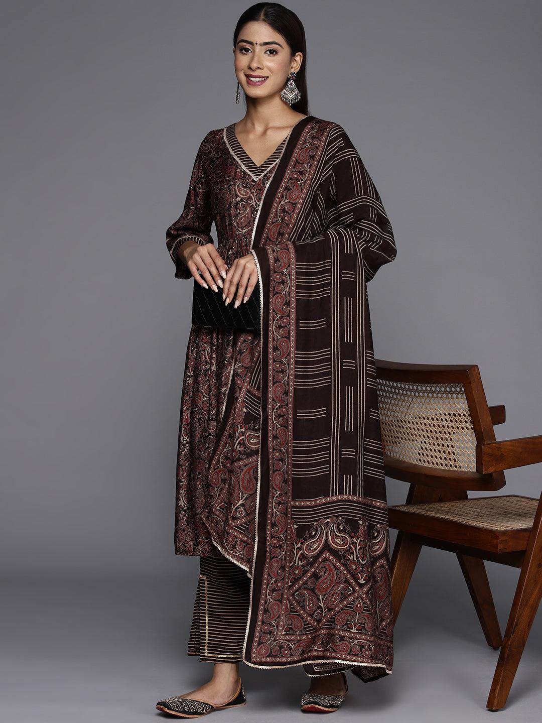 Brown Printed Silk Blend A-Line Kurta With Trousers & Dupatta