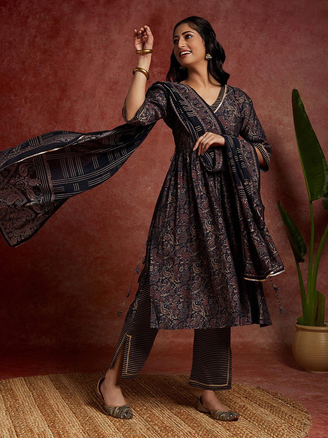 Blue Printed Silk Blend A-Line Kurta With Trousers & Dupatta - ShopLibas