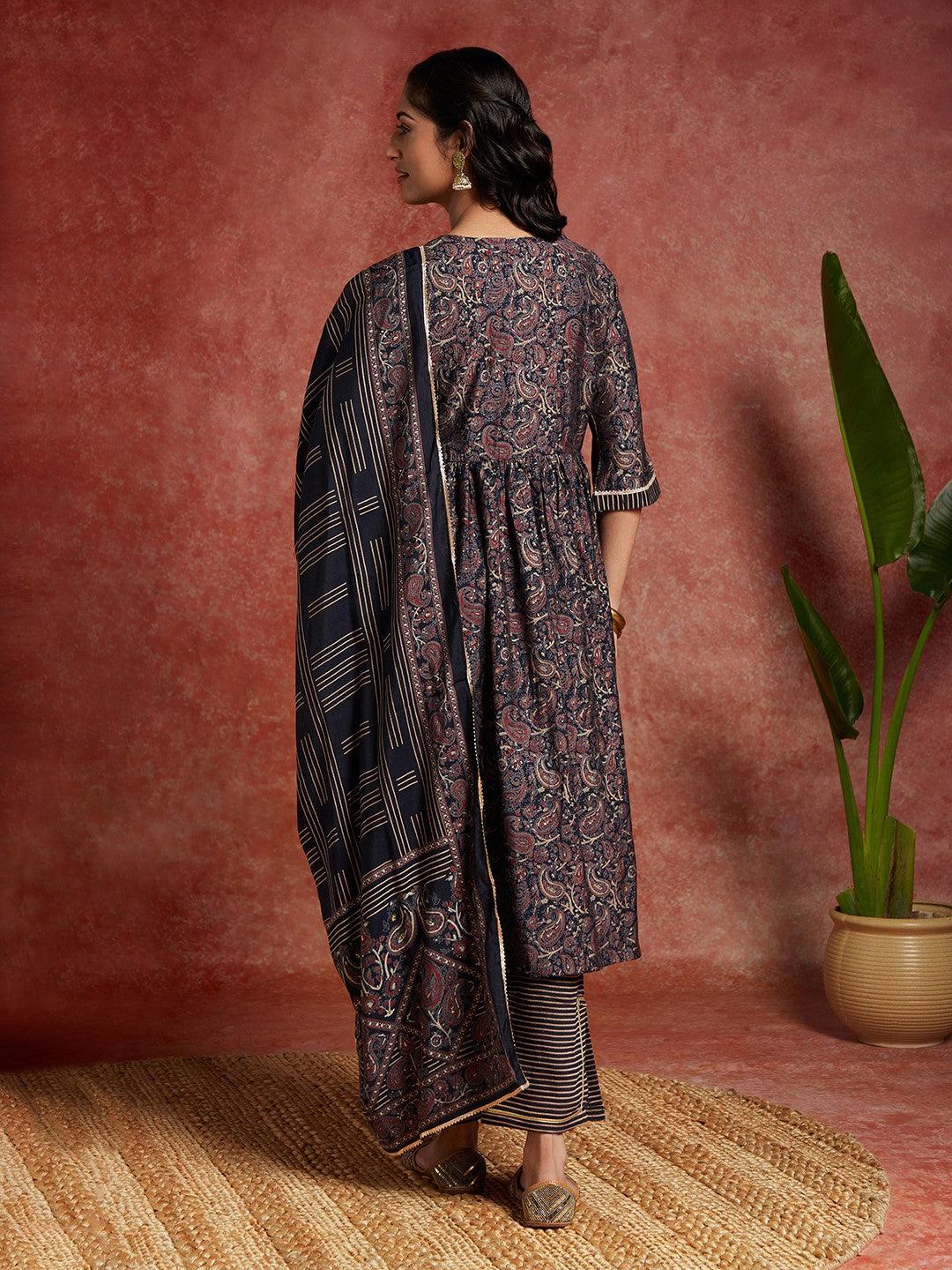 Blue Printed Silk Blend A-Line Kurta With Trousers & Dupatta - ShopLibas