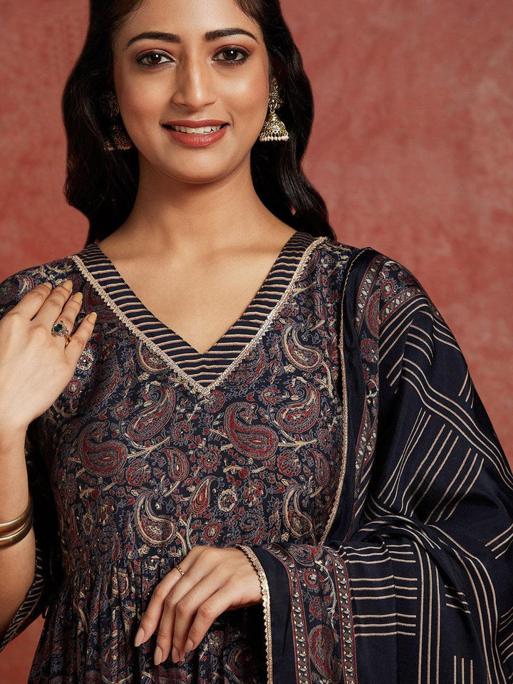 Blue Printed Silk Blend A-Line Kurta With Trousers & Dupatta - ShopLibas