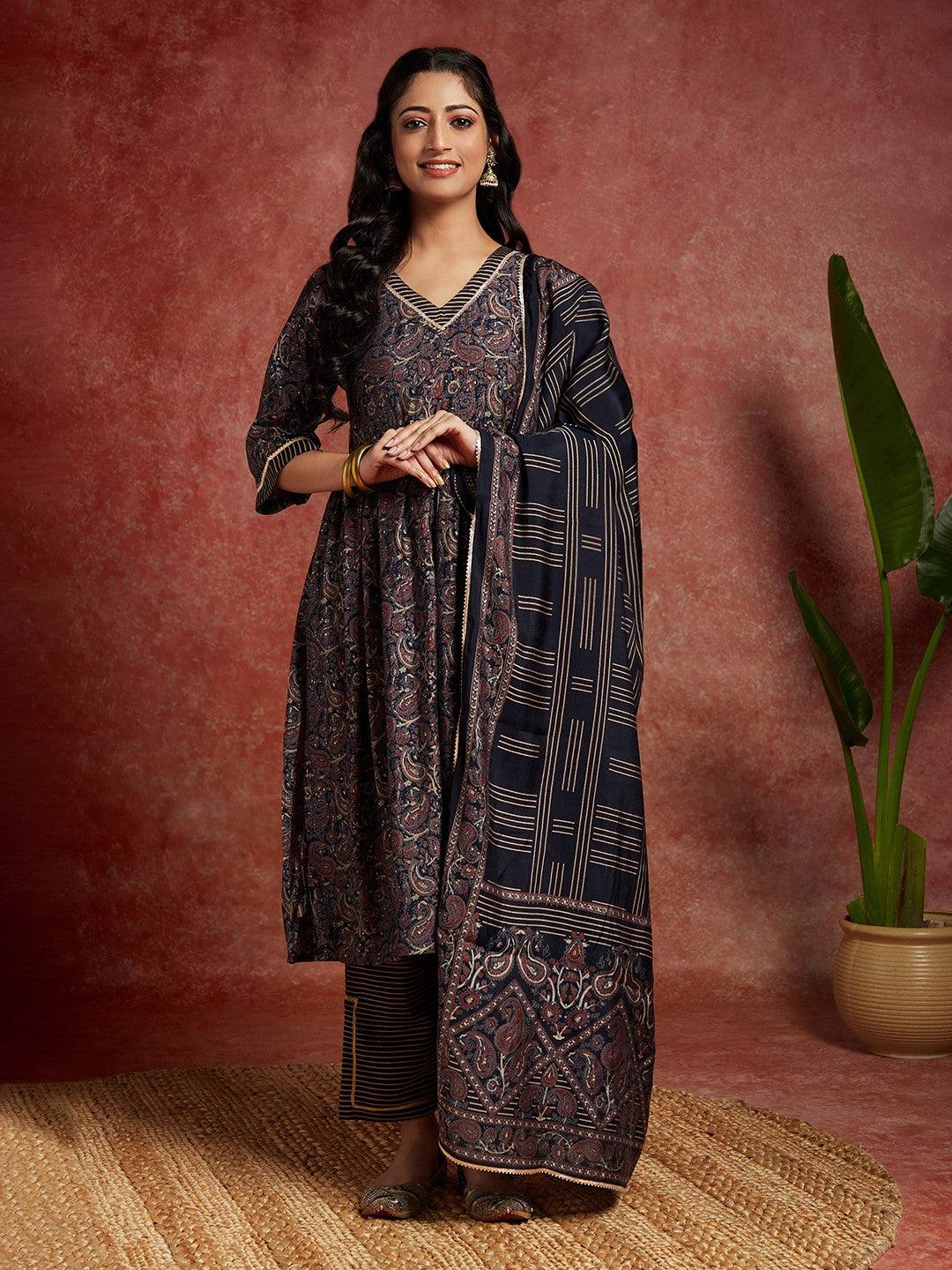 Blue Printed Silk Blend A-Line Kurta With Trousers & Dupatta - ShopLibas