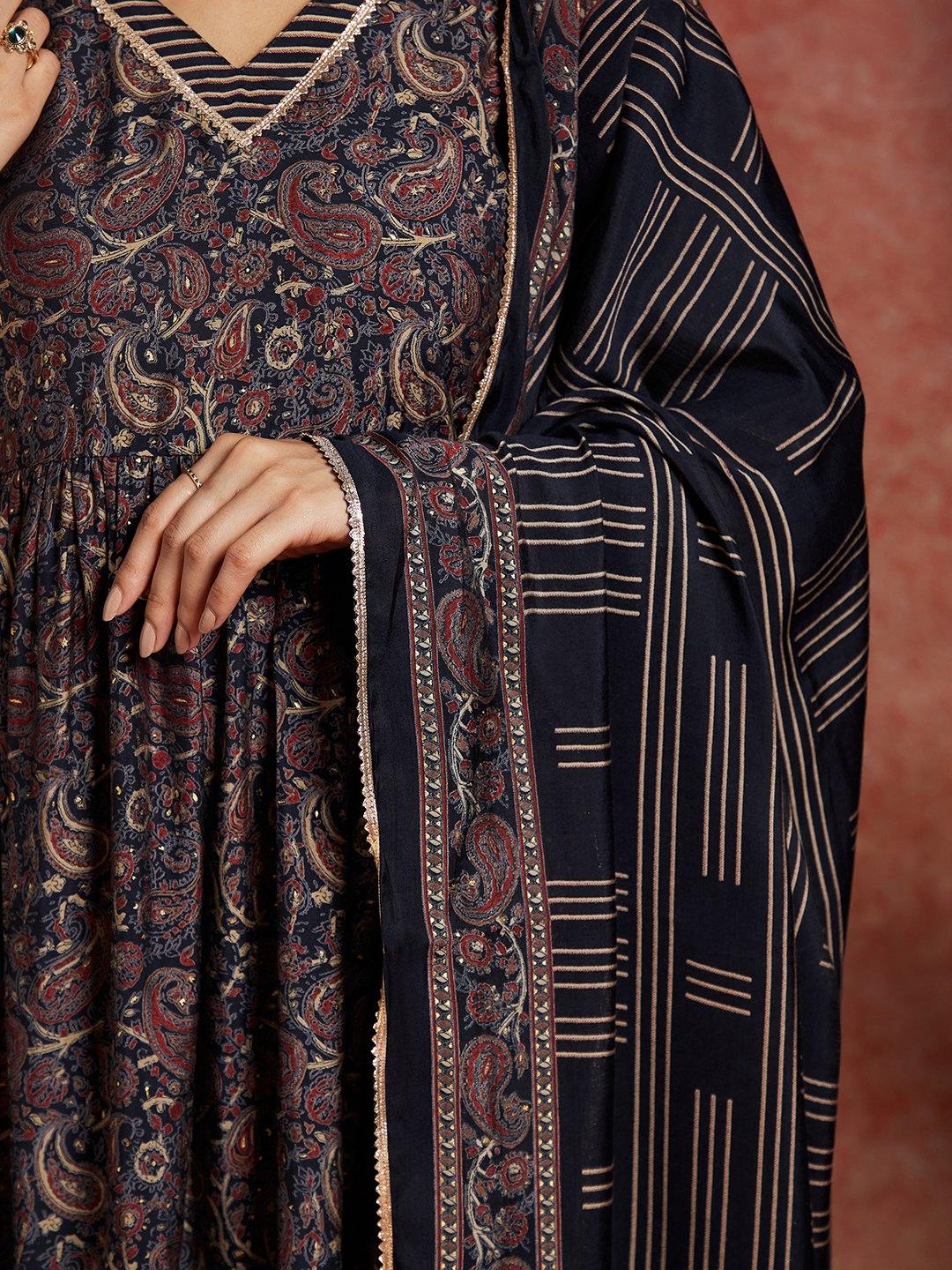 Blue Printed Silk Blend A-Line Kurta With Trousers & Dupatta - ShopLibas