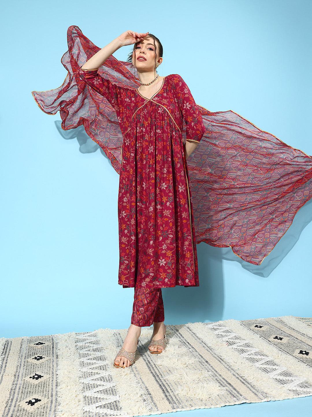 Red Printed Silk Blend A-Line Kurta With Trousers & Dupatta