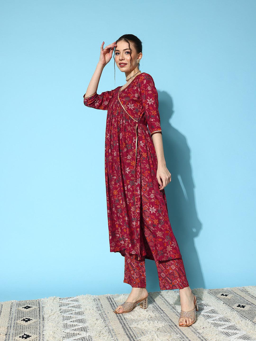 Red Printed Silk Blend A-Line Kurta With Trousers & Dupatta