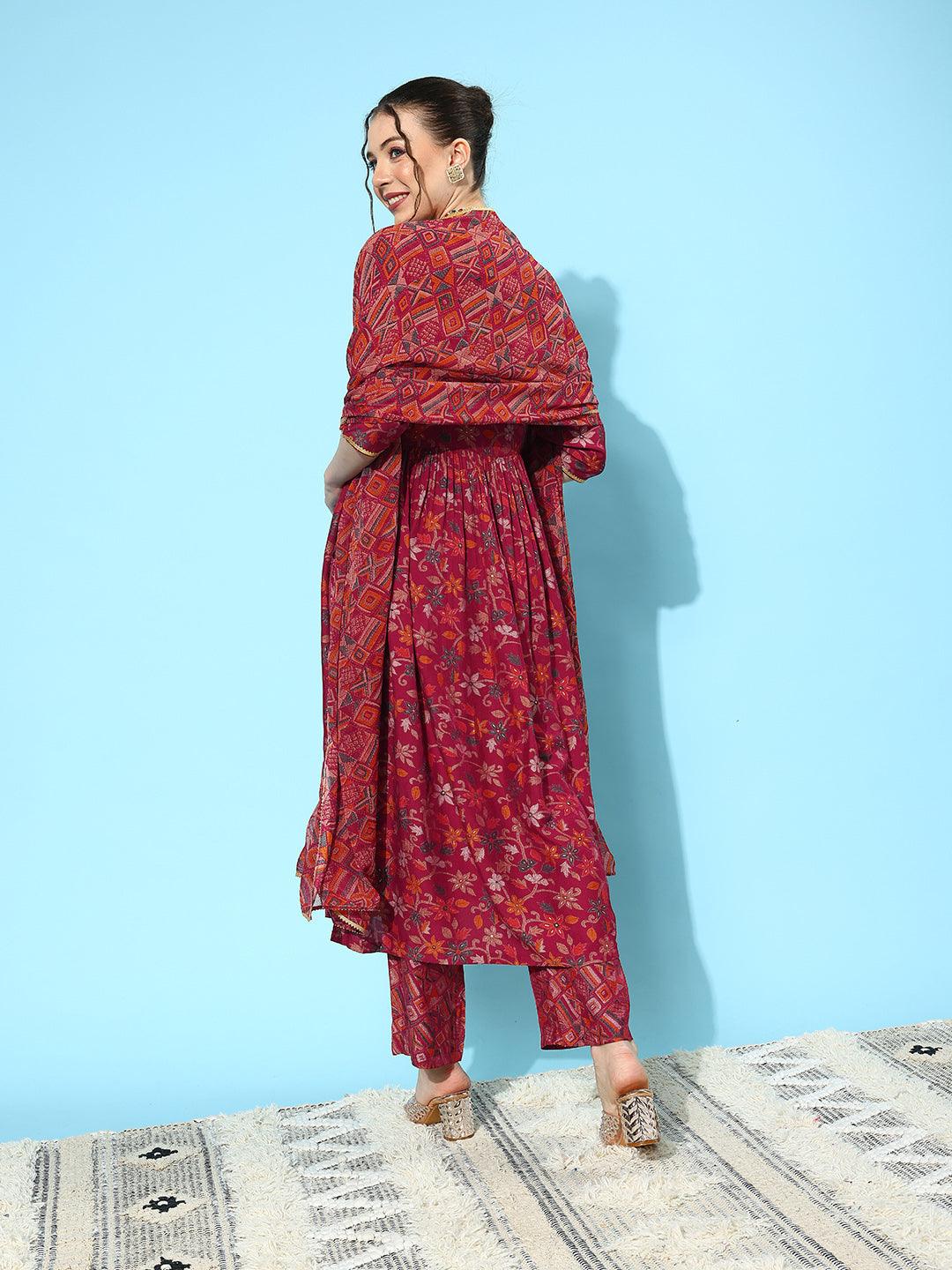 Red Printed Silk Blend A-Line Kurta With Trousers & Dupatta