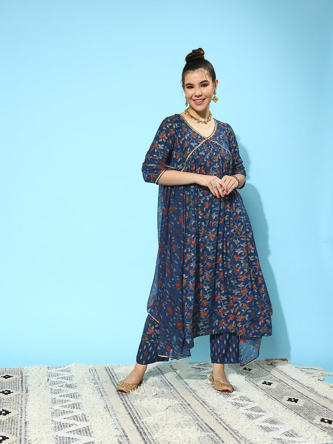 Blue Printed Silk Blend A-Line Kurta With Trousers & Dupatta