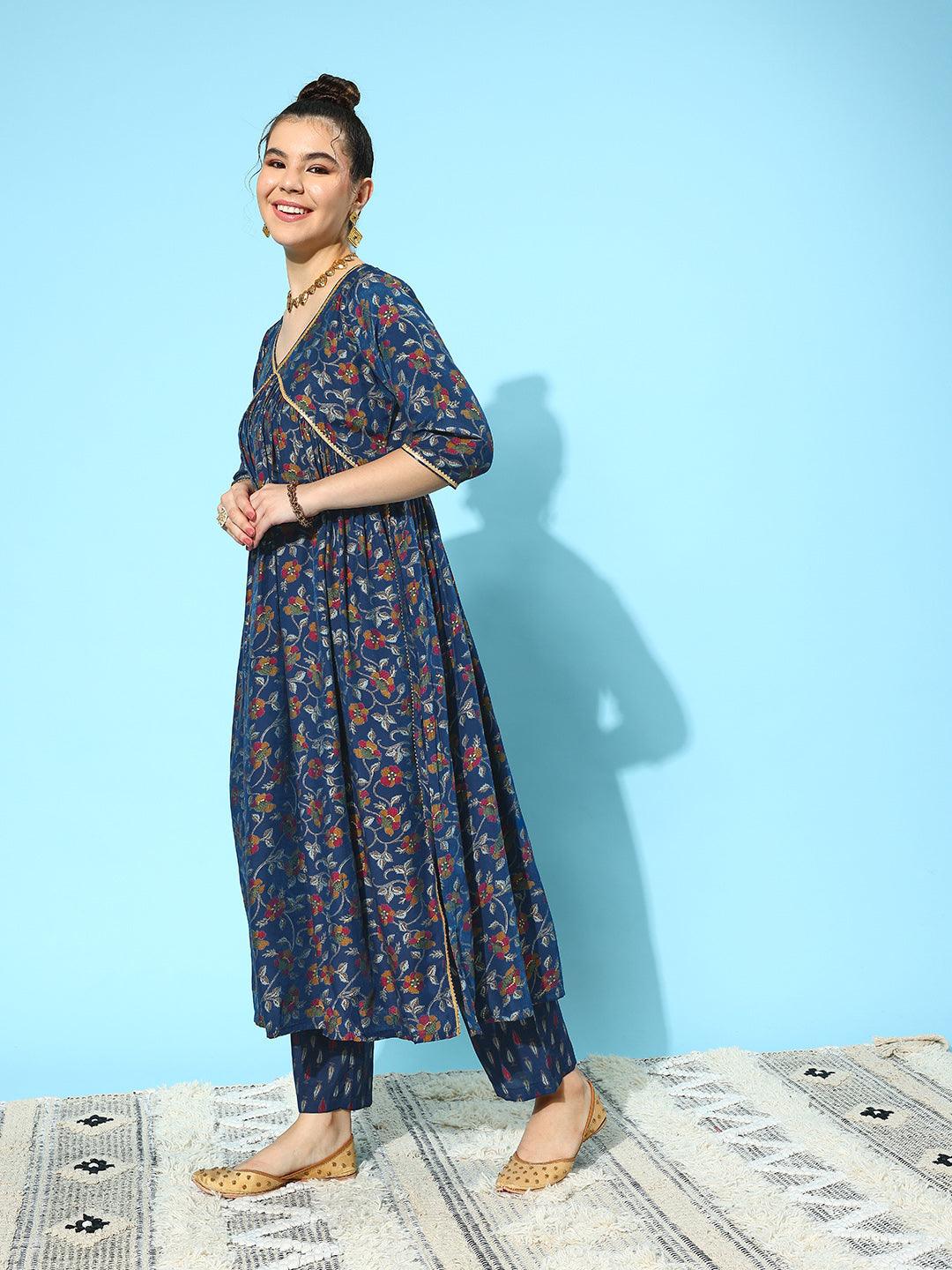 Blue Printed Silk Blend A-Line Kurta With Trousers & Dupatta