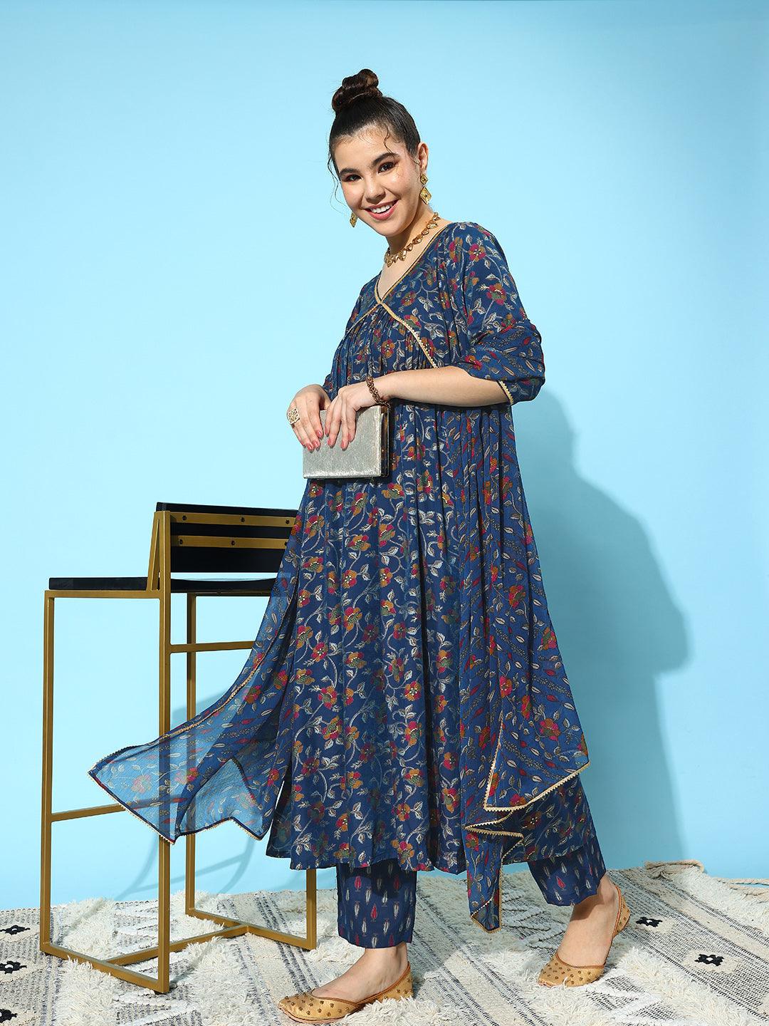 Blue Printed Silk Blend A-Line Kurta With Trousers & Dupatta