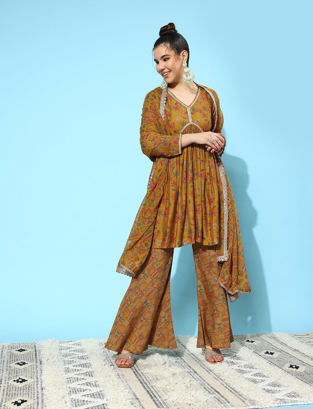 Mustard Printed Silk Blend A-Line Kurti With Sharara & Dupatta